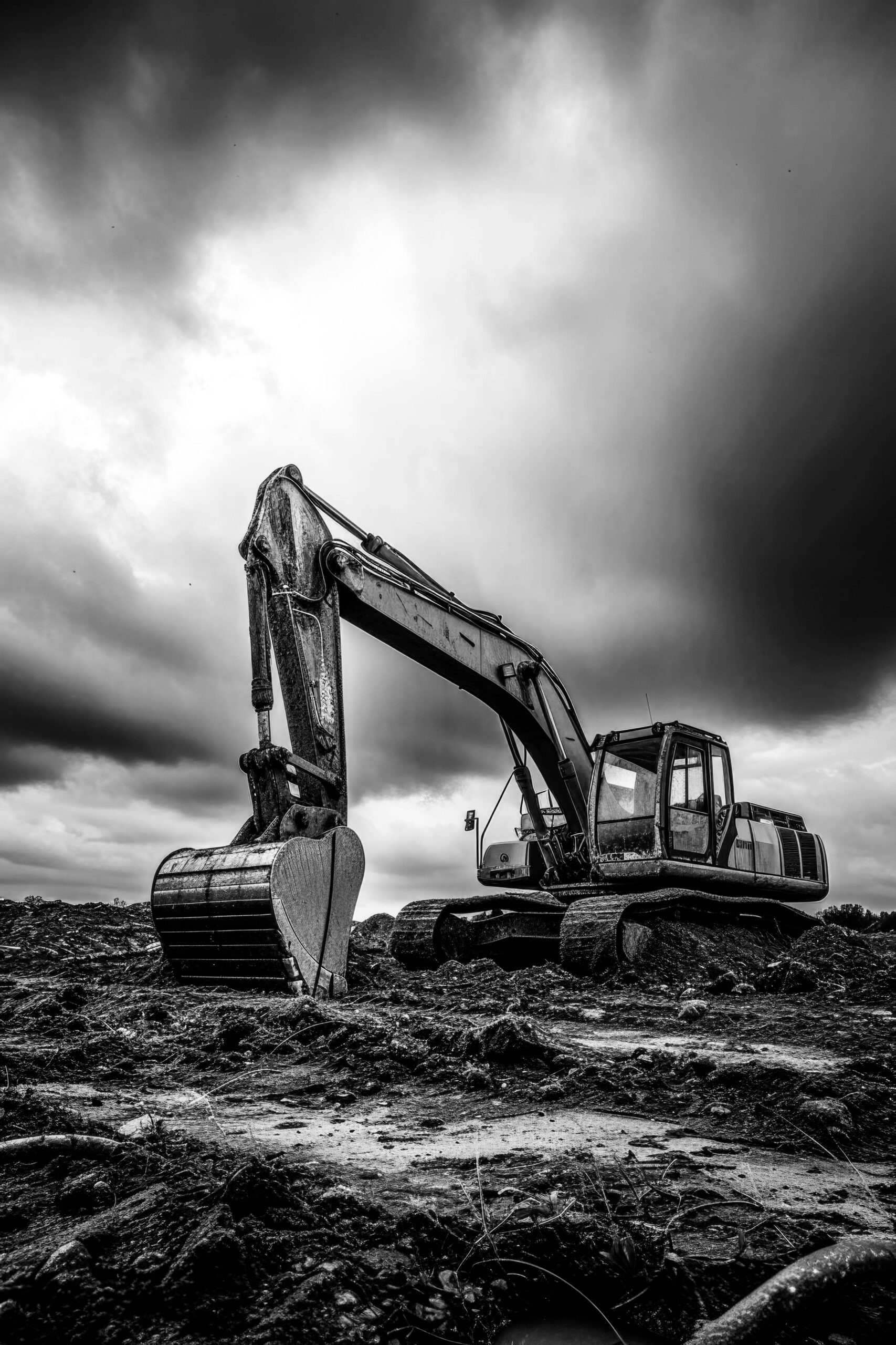 orange excavator is working in the field against a cloudy sky, in the style of dark aquamarine and red, ahmed morsi, iso 200, bil keane, nonrepresentational, brian sum, casts of spaces --ar 75:112 --v 6 Job ID: e298c22a-53d7-45d7-a947-08a35076f6d2